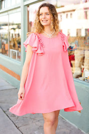 Out For The Day Peach Crinkle Woven Ruffle Sleeve Dress | Daverri Fashions