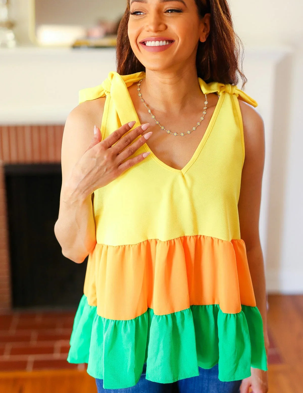 Yellow & Tangerine Tiered Shoulder Tie Crepe Top | 2024 Blow-Out Sale Daverri Fashions