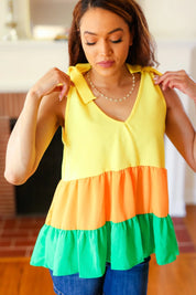 Yellow & Tangerine Tiered Shoulder Tie Crepe Top | 2024 Blow-Out Sale Daverri Fashions