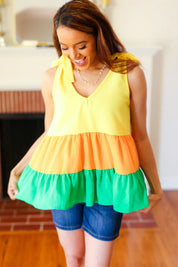 Yellow & Tangerine Tiered Shoulder Tie Crepe Top | 2024 Blow-Out Sale Daverri Fashions
