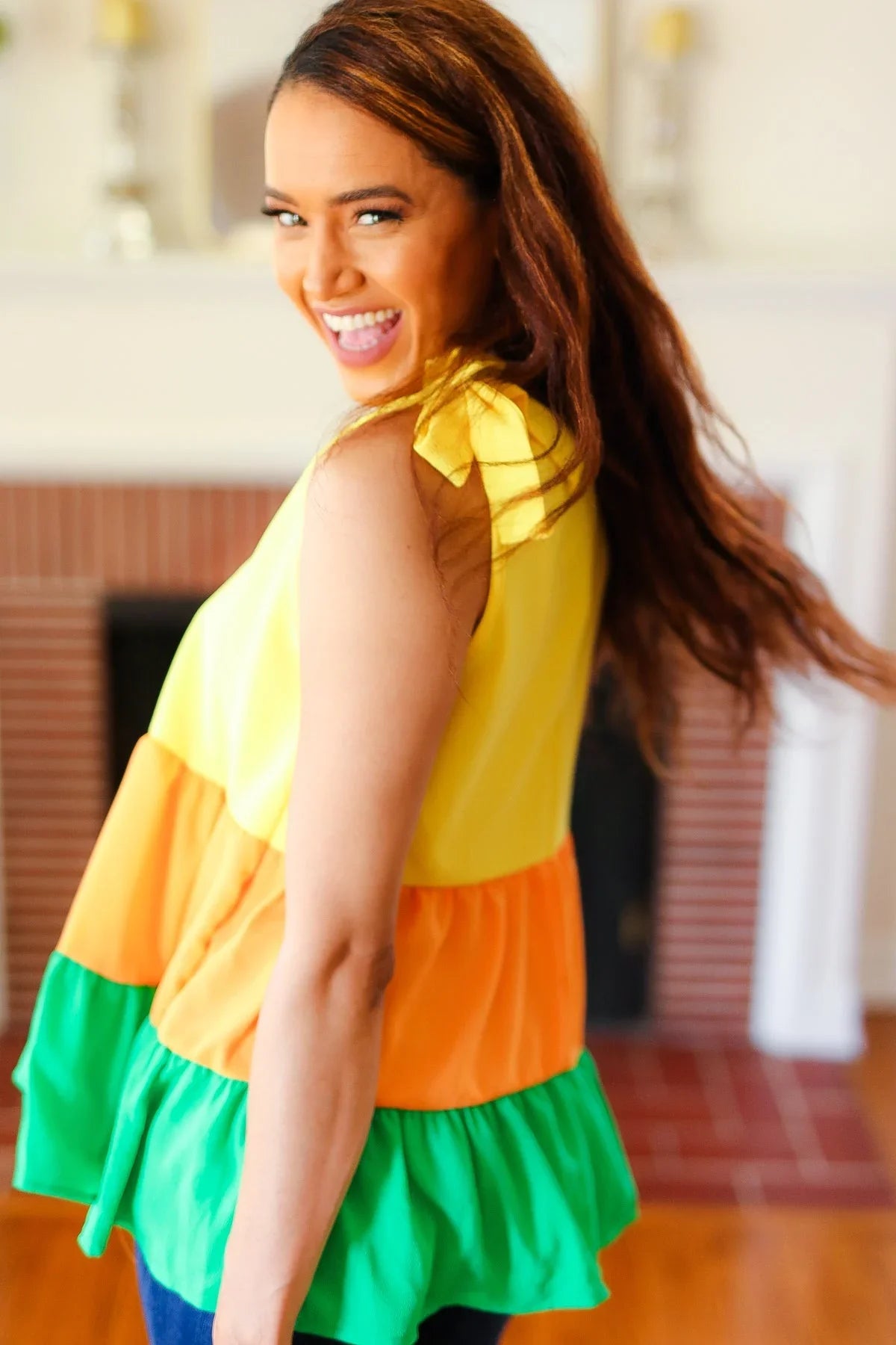 Yellow & Tangerine Tiered Shoulder Tie Crepe Top | 2024 Blow-Out Sale Daverri Fashions