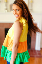 Yellow & Tangerine Tiered Shoulder Tie Crepe Top | 2024 Blow-Out Sale Daverri Fashions