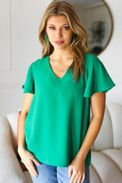In Your Dreams Emerald Green Flutter Sleeve V Neck Top | Daverri Fashions