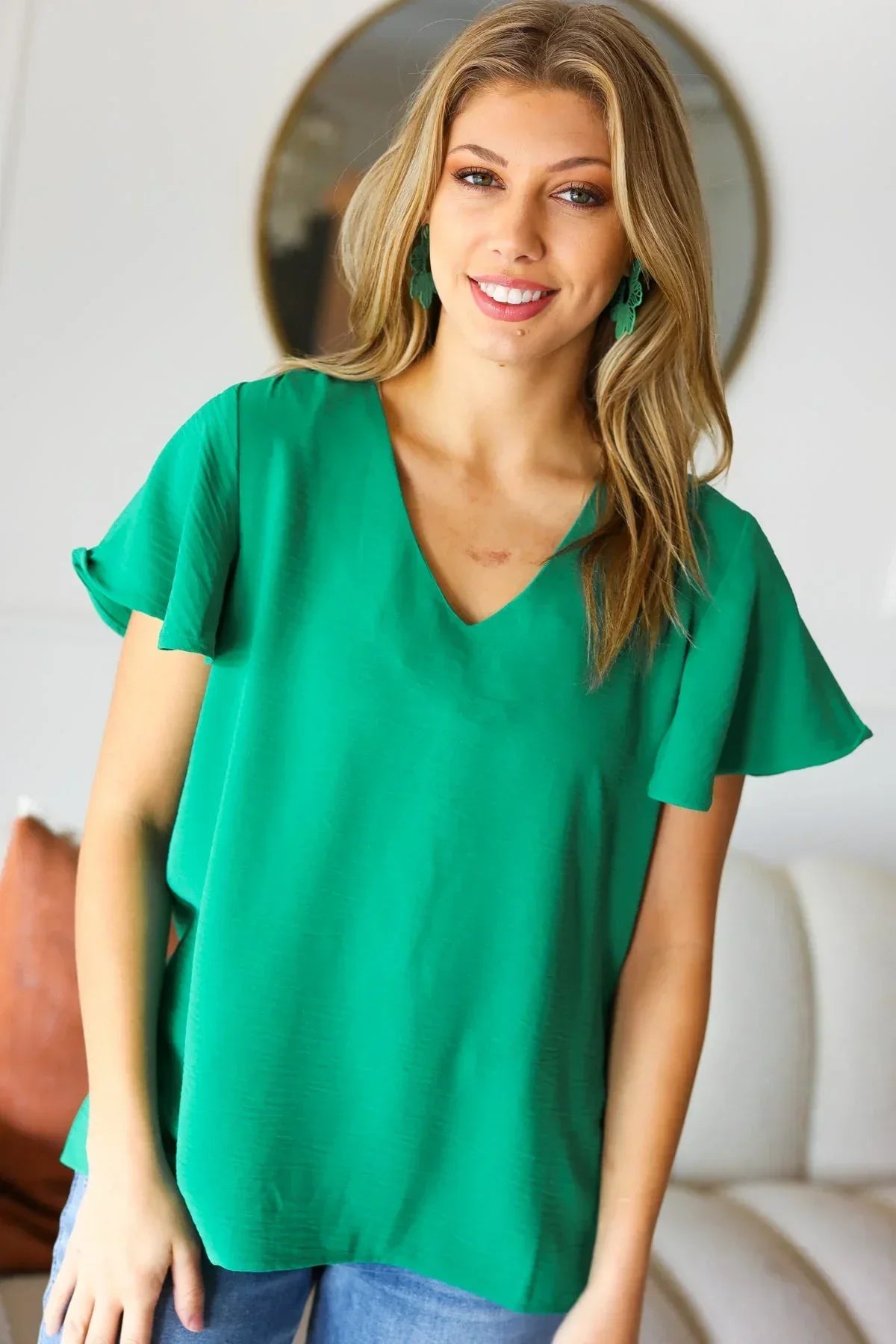 In Your Dreams Emerald Green Flutter Sleeve V Neck Top - DAVERRI FASHIONS