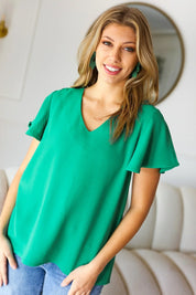 In Your Dreams Emerald Green Flutter Sleeve V Neck Top | Daverri Fashions
