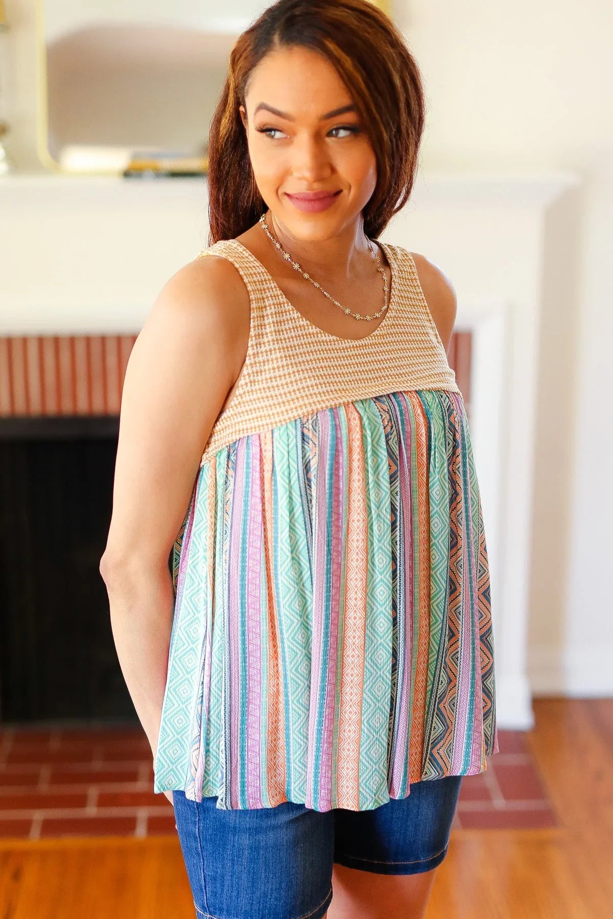 Mustard Two-Tone Boho Print Back Tie Tank | Daverri Fashions