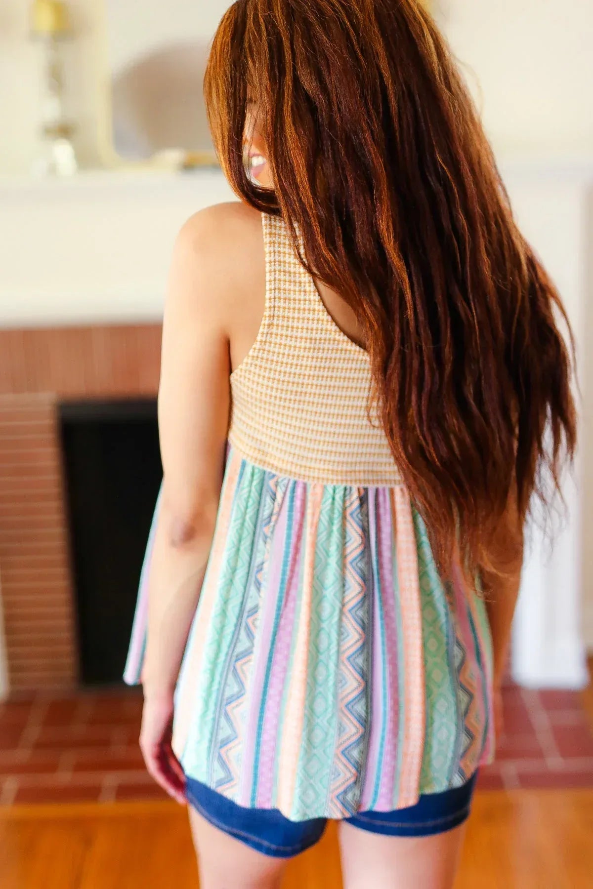 Mustard Two-Tone Boho Print Back Tie Tank - DAVERRI FASHIONS