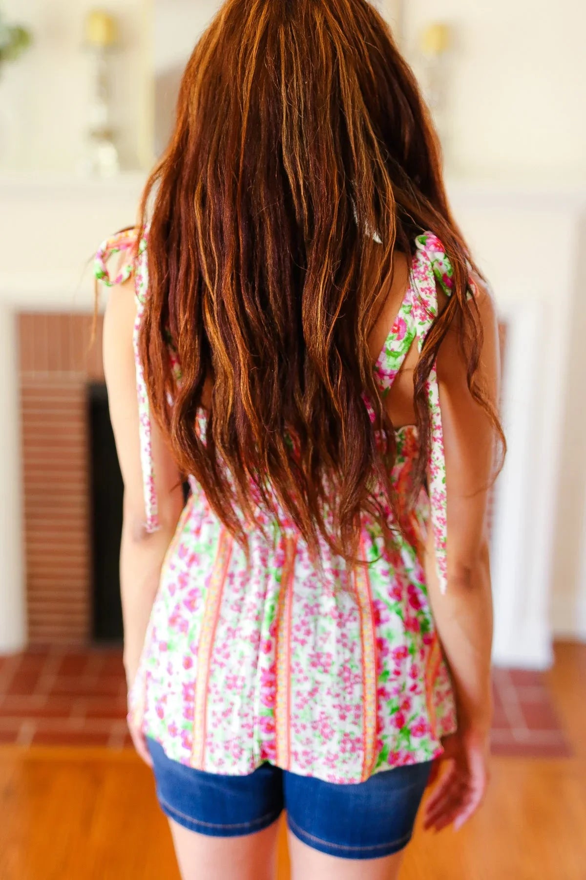 Summer Days Ivory & Fuchsia Floral Smocked Shoulder Tie Top | 2024 Blow-Out Sale Daverri Fashions