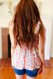 Summer Days Ivory & Fuchsia Floral Smocked Shoulder Tie Top | 2024 Blow-Out Sale Daverri Fashions