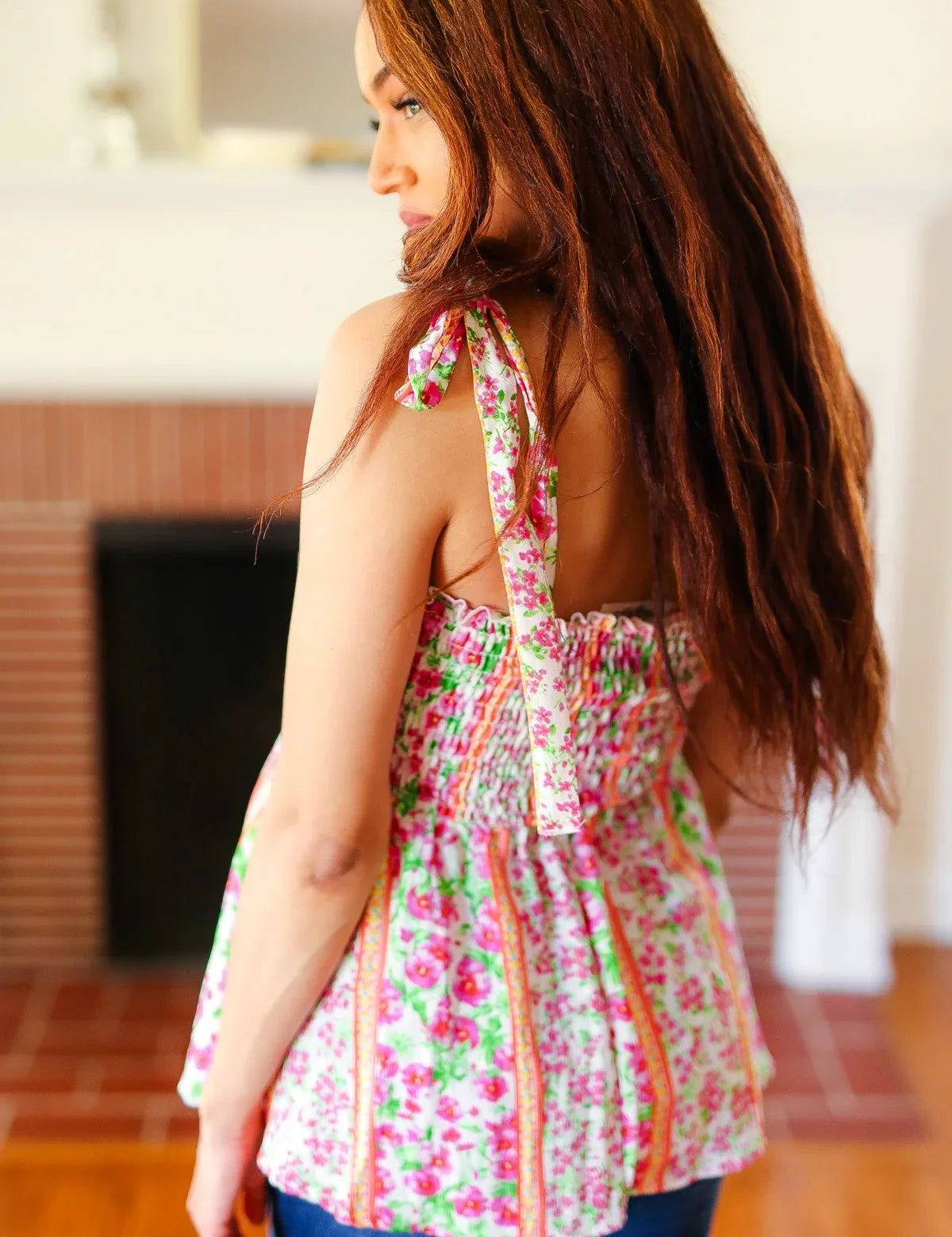 Summer Days Ivory & Fuchsia Floral Smocked Shoulder Tie Top | 2024 Blow-Out Sale Daverri Fashions