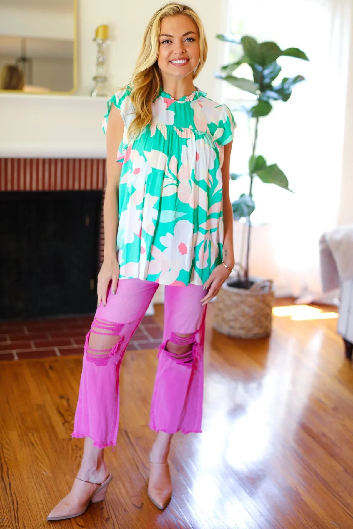 Feeling Joyful Aqua Floral Mock Neck Flutter Sleeve Top | 2024 Summer Blow Out Sale Daverri Fashions