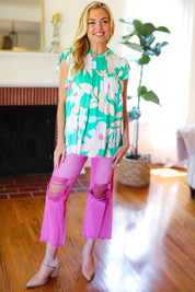 Feeling Joyful Aqua Floral Mock Neck Flutter Sleeve Top | 2024 Summer Blow Out Sale Daverri Fashions