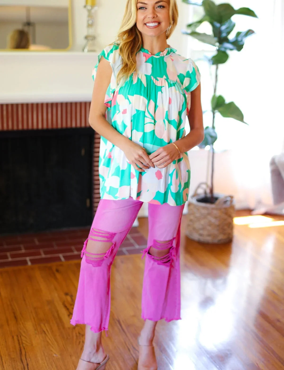 Feeling Joyful Aqua Floral Mock Neck Flutter Sleeve Top | 2024 Summer Blow Out Sale Daverri Fashions