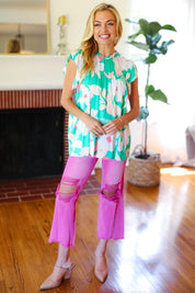 Feeling Joyful Aqua Floral Mock Neck Flutter Sleeve Top | 2024 Summer Blow Out Sale Daverri Fashions