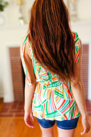 Sunny Days Orange & Green Geo Smocked Shoulder Tie Top | 2024 Blow-Out Sale Daverri Fashions