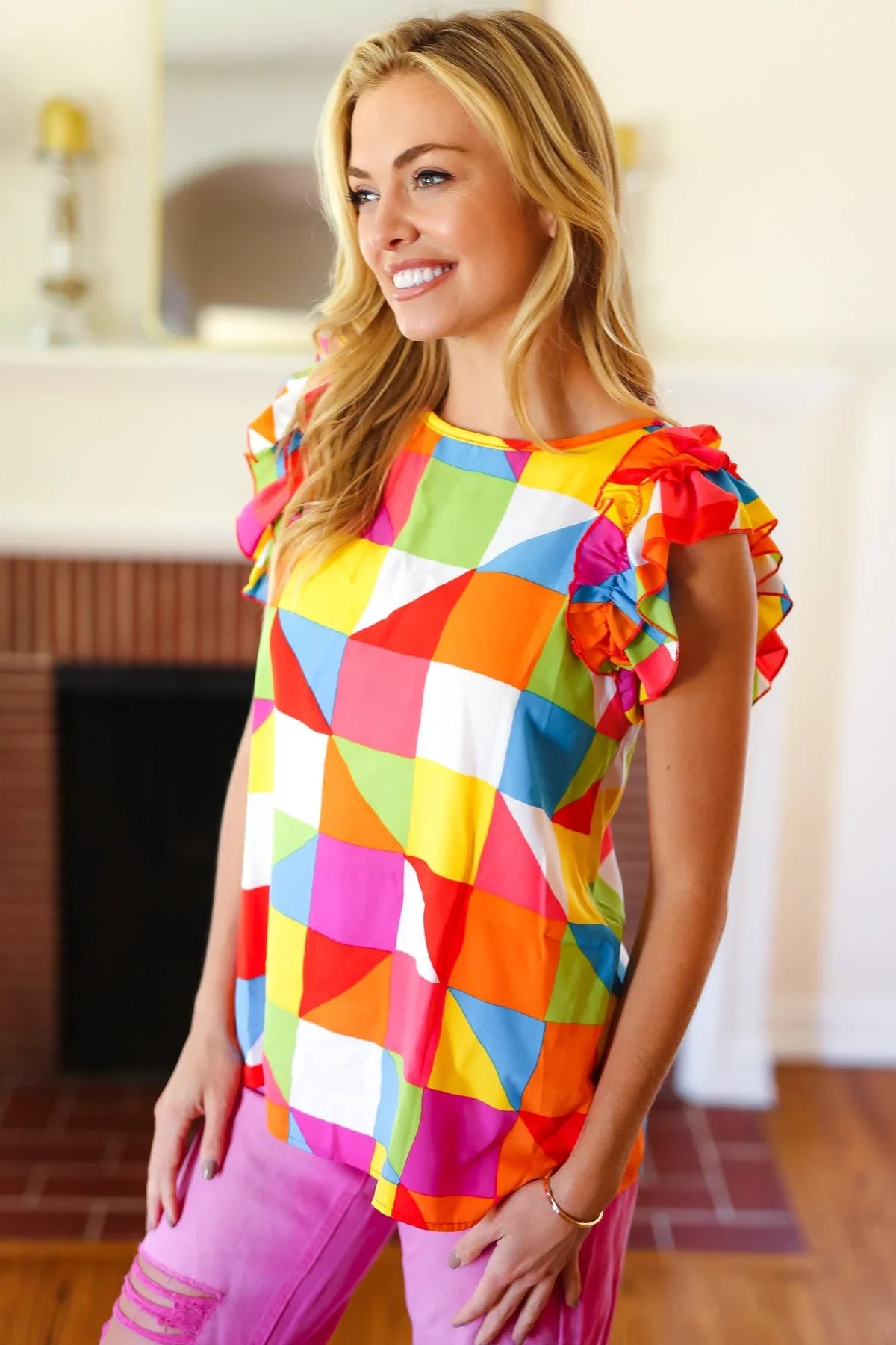 You Got This Red Geometric Print Double Ruffle Sleeve Top | Daverri Fashions