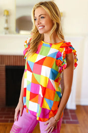 You Got This Red Geometric Print Double Ruffle Sleeve Top | Daverri Fashions