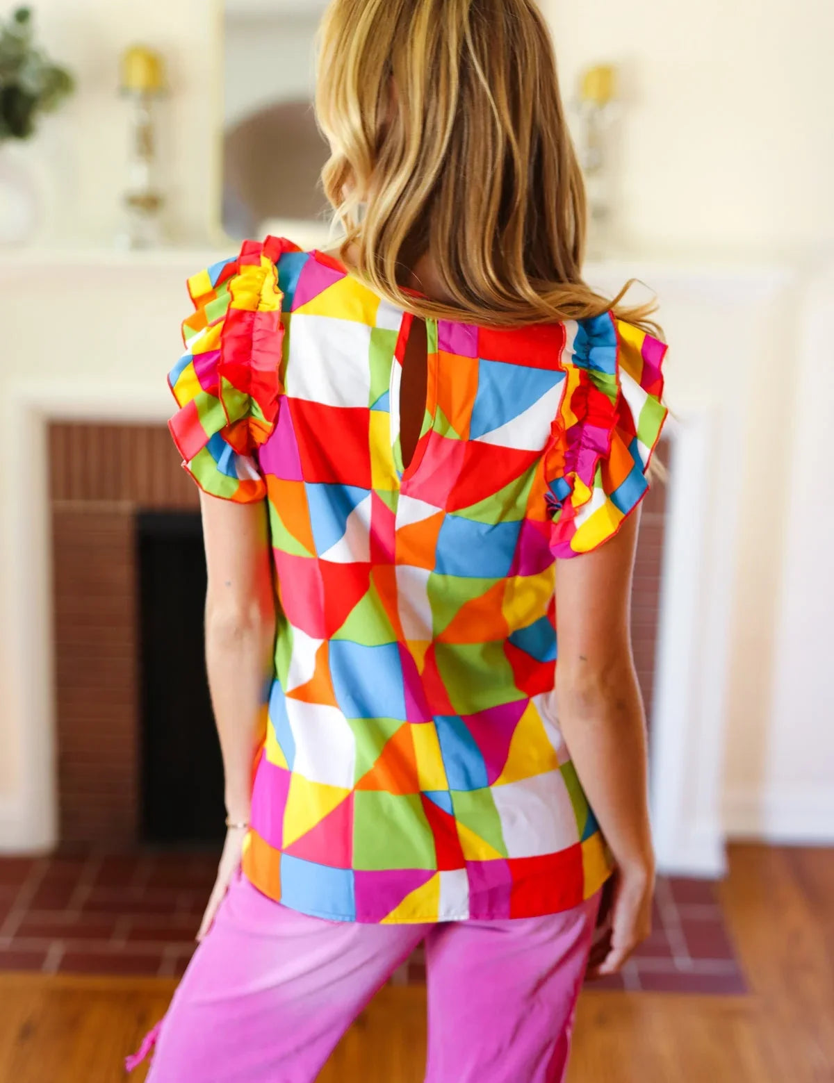 You Got This Red Geometric Print Double Ruffle Sleeve Top | Daverri Fashions