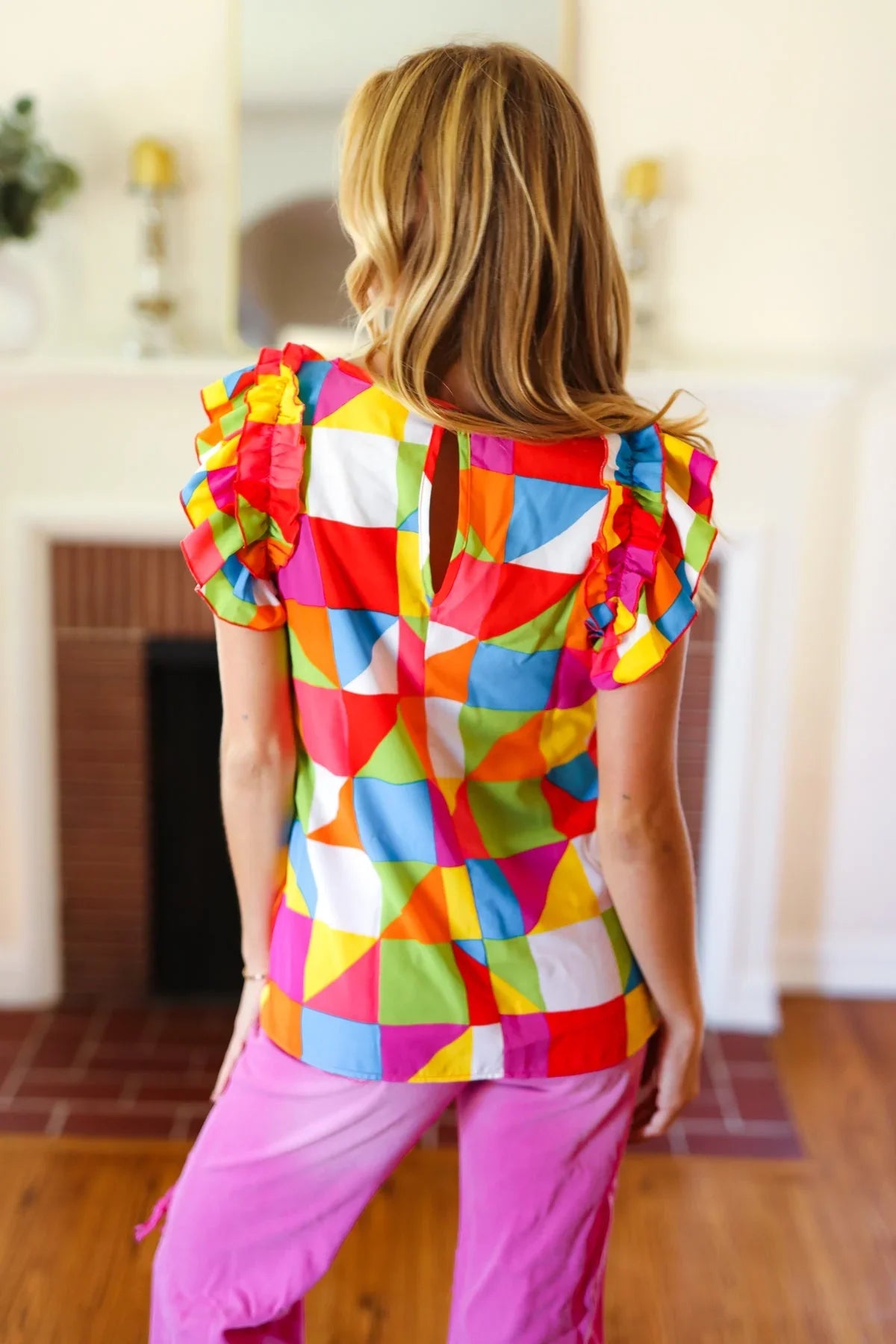 You Got This Red Geometric Print Double Ruffle Sleeve Top | Daverri Fashions