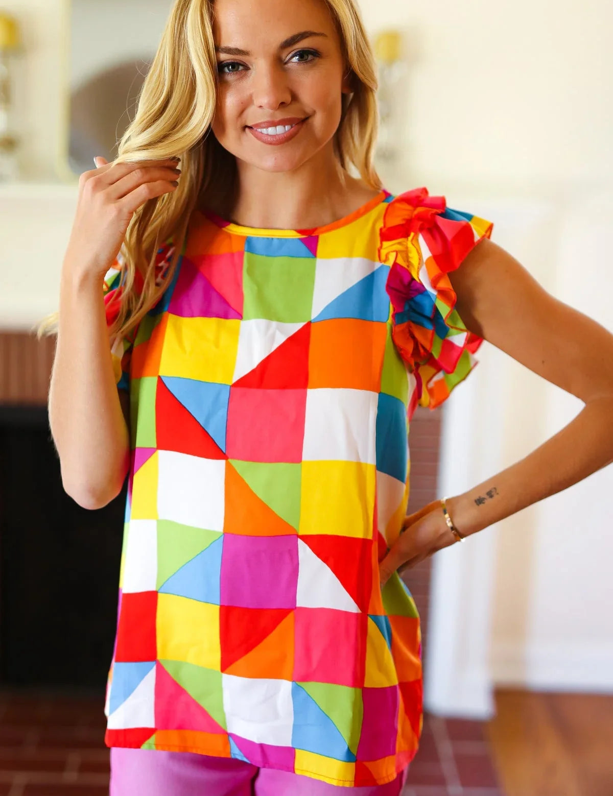 You Got This Red Geometric Print Double Ruffle Sleeve Top | Daverri Fashions