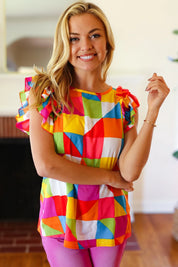 You Got This Red Geometric Print Double Ruffle Sleeve Top | Daverri Fashions