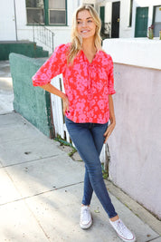 New Day Red Ribbon Bow Detail Floral Woven Blouse | Daverri Fashions