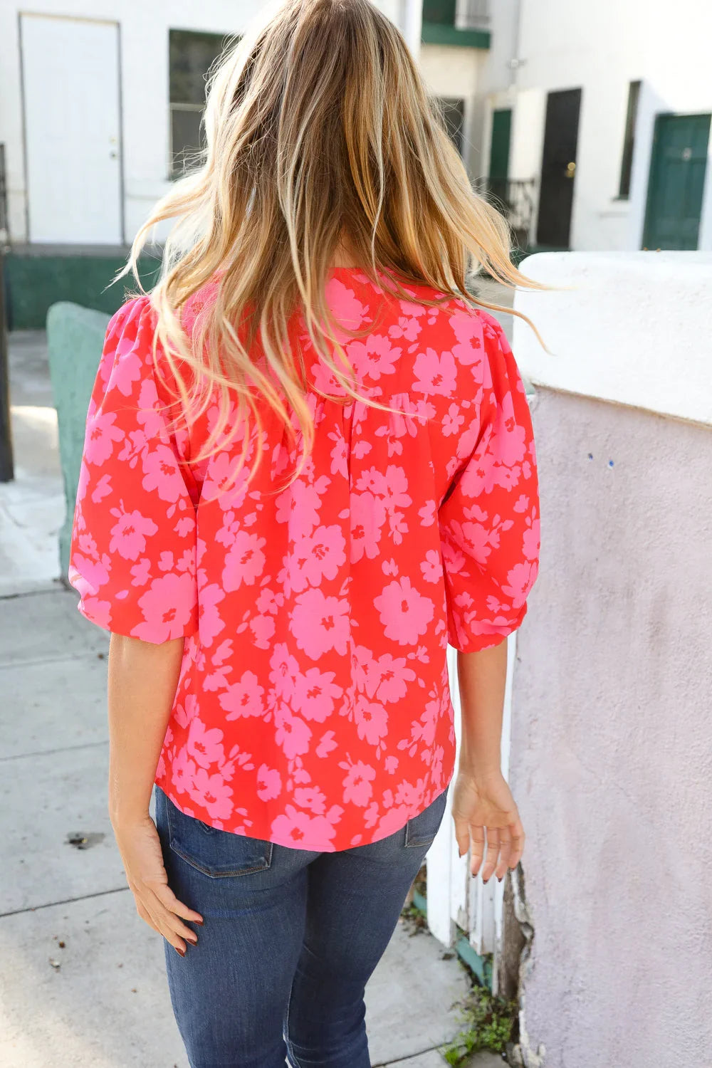 New Day Red Ribbon Bow Detail Floral Woven Blouse | Daverri Fashions