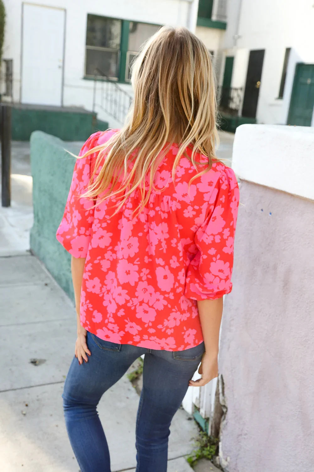 New Day Red Ribbon Bow Detail Floral Woven Blouse | Daverri Fashions