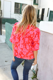 New Day Red Ribbon Bow Detail Floral Woven Blouse | Daverri Fashions