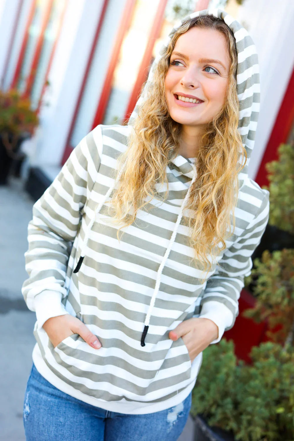 Vintage Olive Striped Cowl Neck Cotton Terry Hoodie | Daverri Fashions