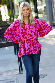 Red & Magenta Floral V Neck Woven Babydoll Top | Daverri Fashions