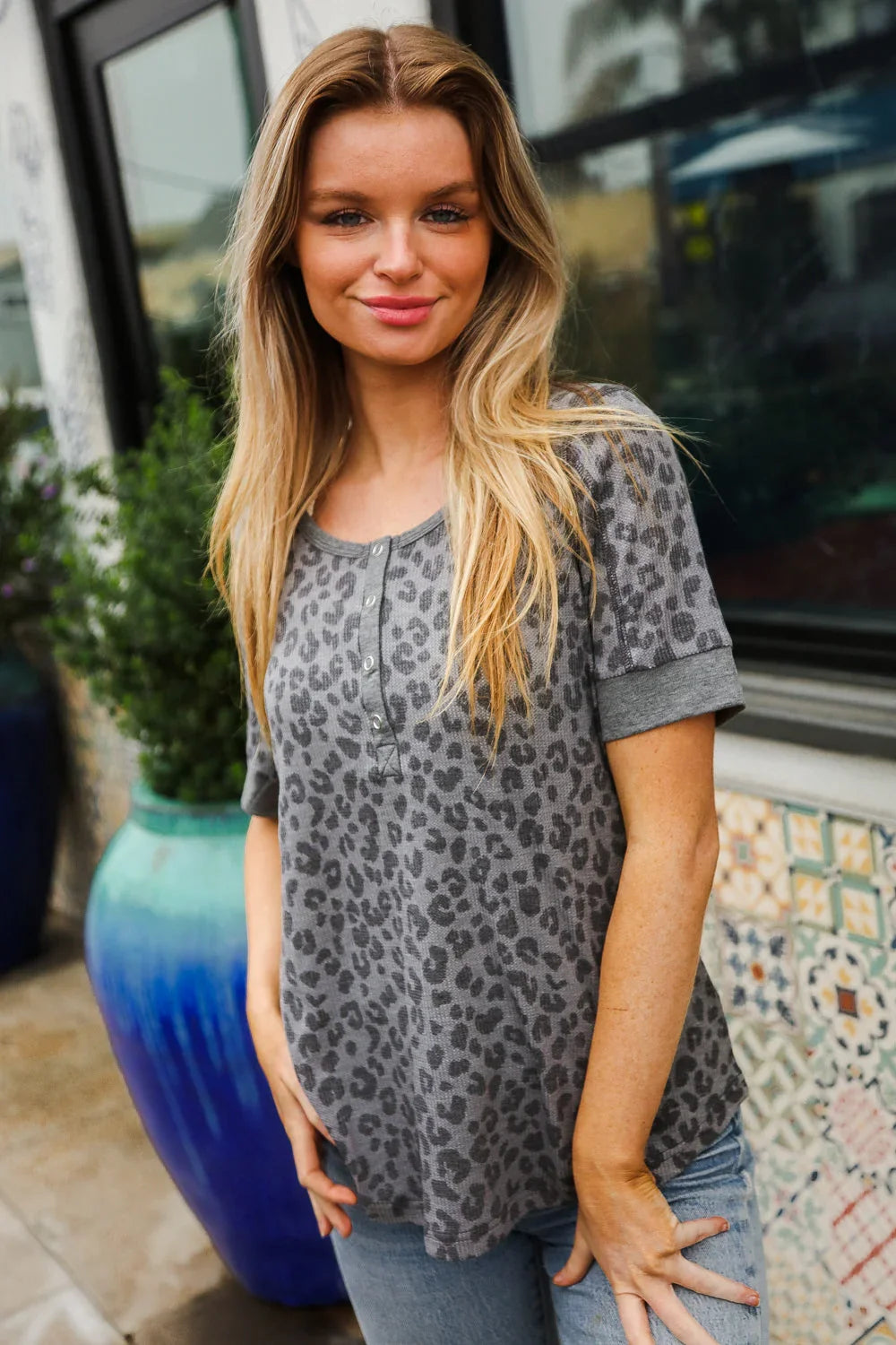 Fall For Me Charcoal Animal Print Thermal Snap Tee | Daverri Fashions