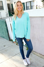 Eyes On You Seafoam Mineral Wash Rib Notch Neck Pocket Top | Daverri Fashions