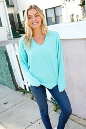 Eyes On You Seafoam Mineral Wash Rib Notch Neck Pocket Top | Daverri Fashions
