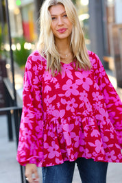 Red & Magenta Floral V Neck Woven Babydoll Top | Daverri Fashions