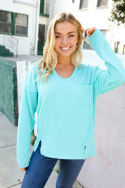 Eyes On You Seafoam Mineral Wash Rib Notch Neck Pocket Top | Daverri Fashions