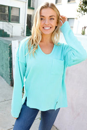 Eyes On You Seafoam Mineral Wash Rib Notch Neck Pocket Top | Daverri Fashions