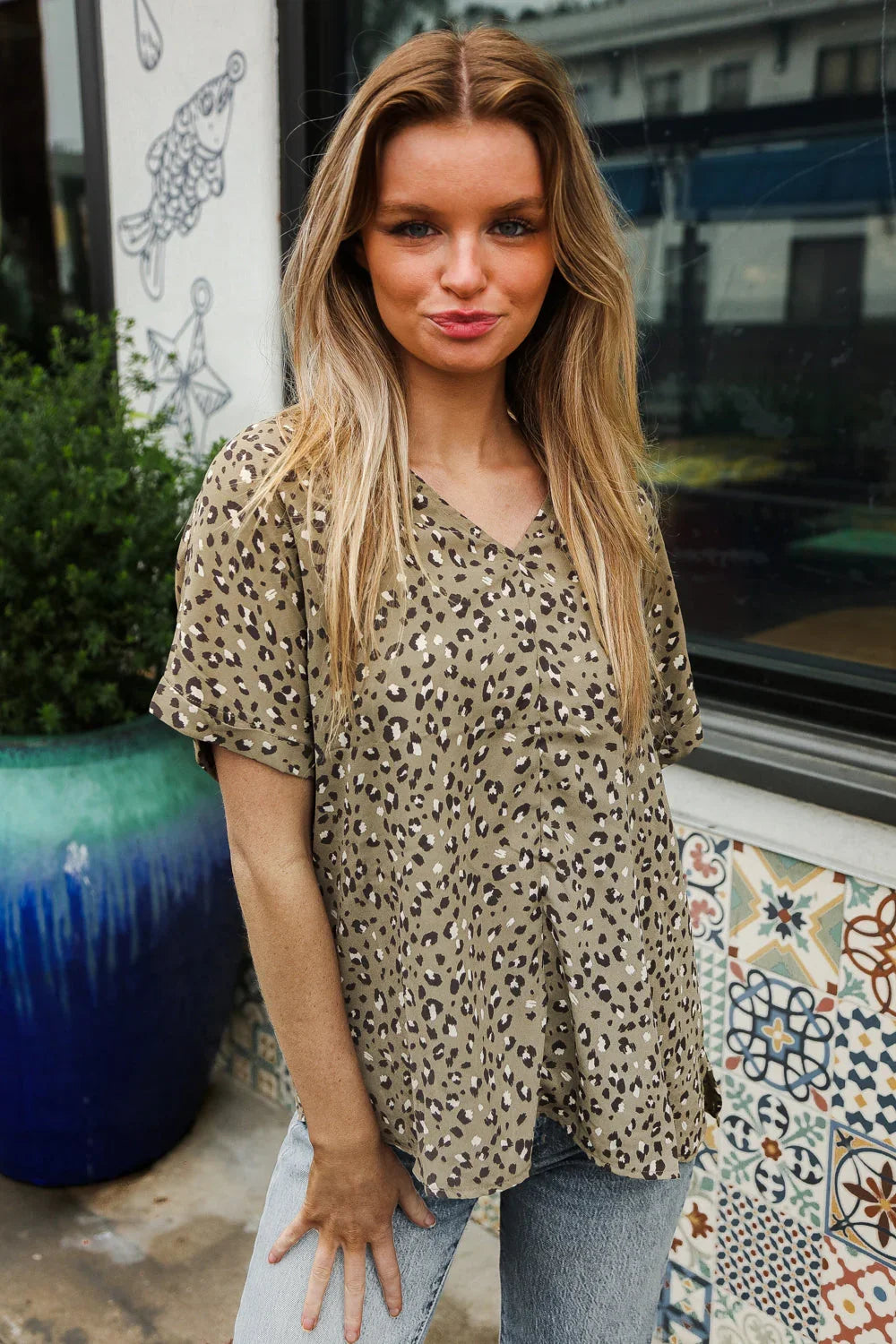 Best In Bold Sage Animal Print V Neck Dolman Side Slit Top | Daverri Fashions