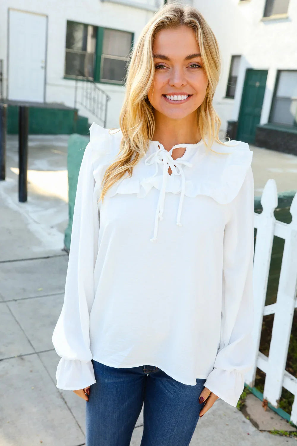 Eyes On You Ivory Ribbon Tie Bow Square Neck Ruffle Bubble Sleeve Blouse | Daverri Fashions