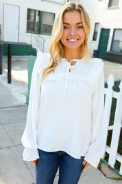 Eyes On You Ivory Ribbon Tie Bow Square Neck Ruffle Bubble Sleeve Blouse | Daverri Fashions