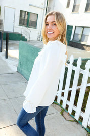 Eyes On You Ivory Ribbon Tie Bow Square Neck Ruffle Bubble Sleeve Blouse | Daverri Fashions