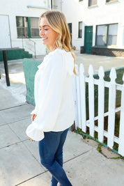 Eyes On You Ivory Ribbon Tie Bow Square Neck Ruffle Bubble Sleeve Blouse | Daverri Fashions