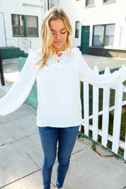 Eyes On You Ivory Ribbon Tie Bow Square Neck Ruffle Bubble Sleeve Blouse | Daverri Fashions