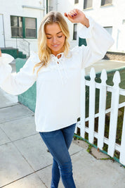 Eyes On You Ivory Ribbon Tie Bow Square Neck Ruffle Bubble Sleeve Blouse | Daverri Fashions