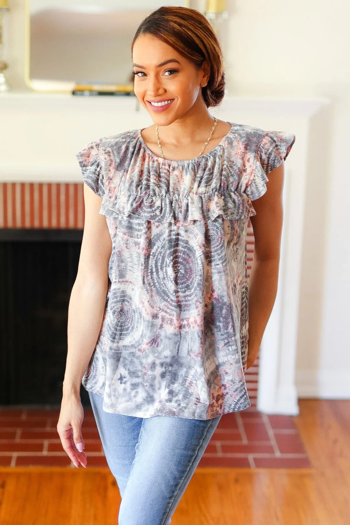 Everyday Gray & Coral Tie Dye Frilled Short Sleeve Yoke Top | 2024 Blow-Out Sale Daverri Fashions