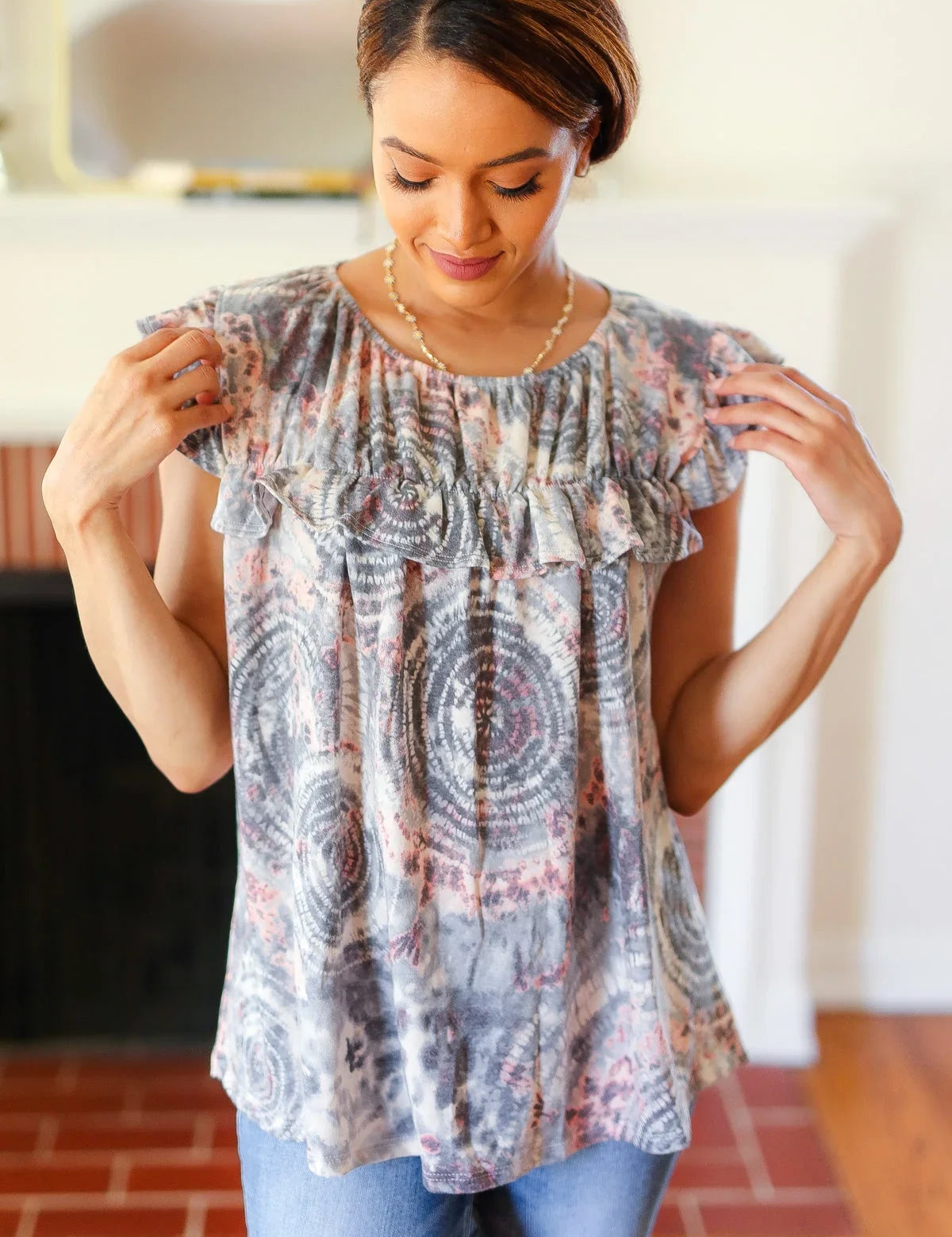 Everyday Gray & Coral Tie Dye Frilled Short Sleeve Yoke Top | 2024 Blow-Out Sale Daverri Fashions