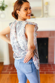 Everyday Gray & Coral Tie Dye Frilled Short Sleeve Yoke Top | 2024 Blow-Out Sale Daverri Fashions