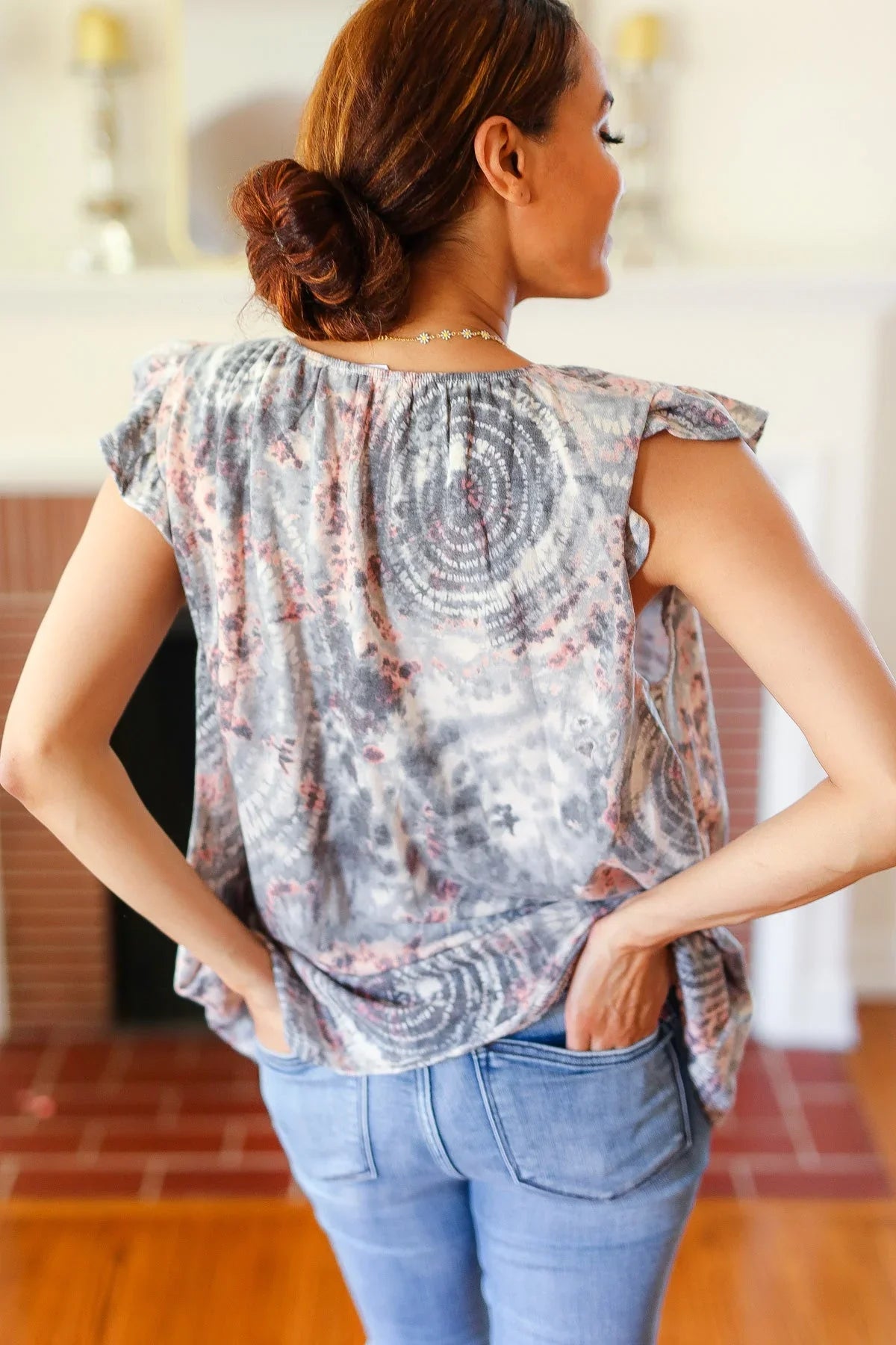 Everyday Gray & Coral Tie Dye Frilled Short Sleeve Yoke Top | 2024 Blow-Out Sale Daverri Fashions