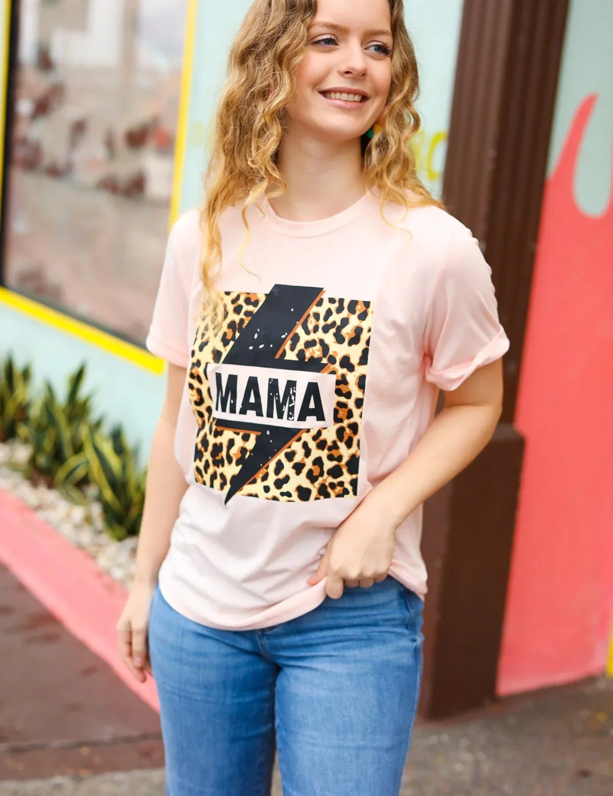 Peach "Mama" Animal Print Graphic Tee | Daverri Fashions