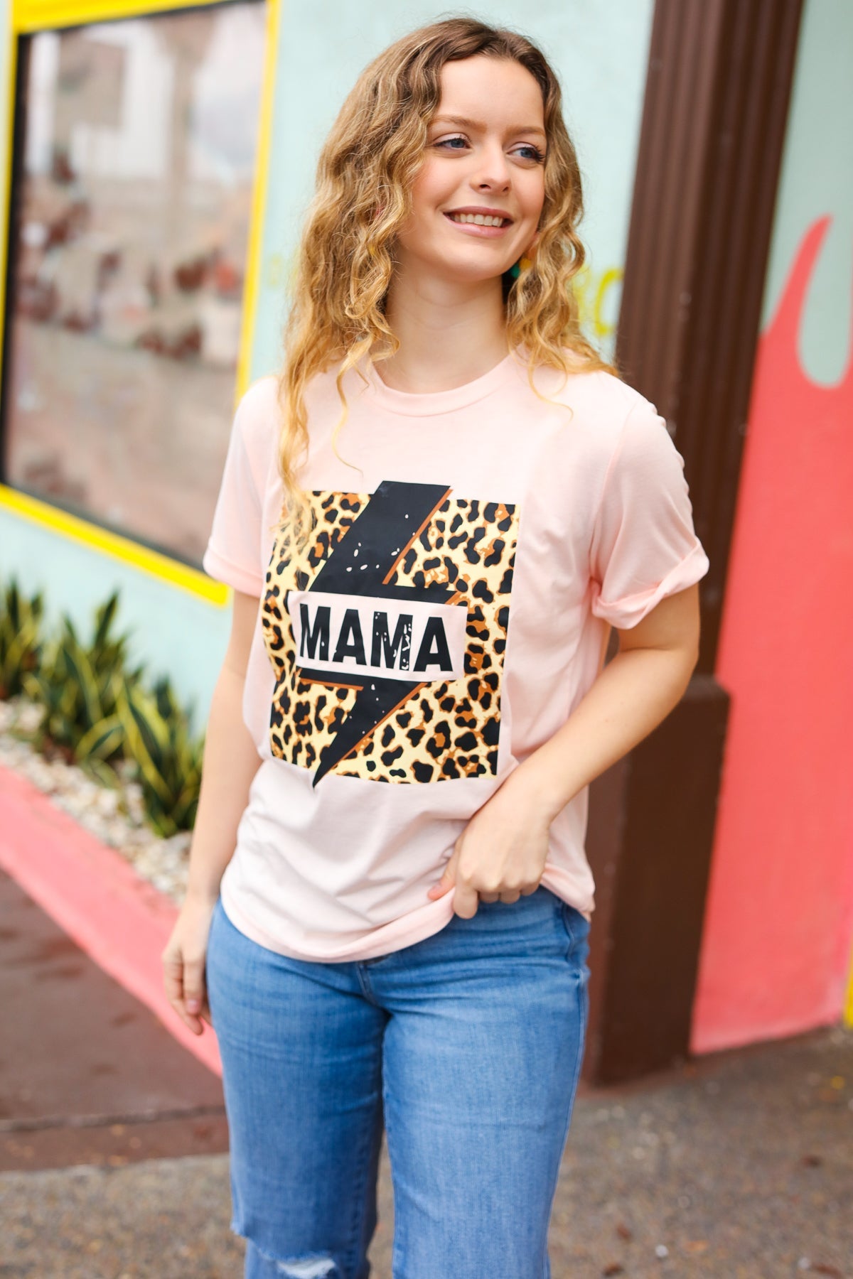 Pink short-sleeved Peach Mama leopard print lightning bolt graphic tee